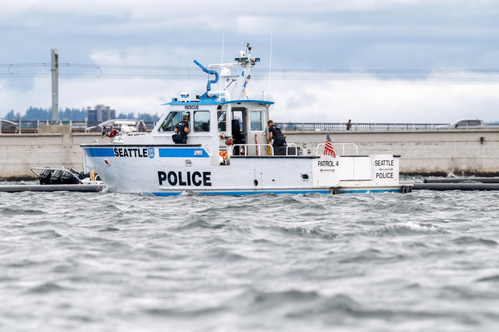 A Seattle Police boat patrolling Lake Washington during the Seafair Weekend Festival